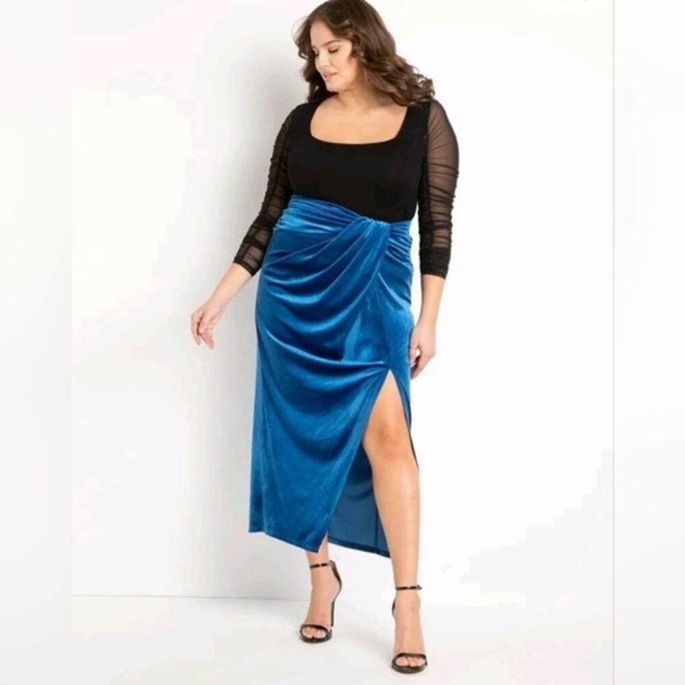 ELOQUII Blue Velvet Wrap Midi Skirt Size 18 Ruched High Slit Party Evening